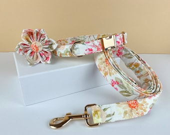 Personalized Floral Dog Collar Leash Set: Engraved Cotton, Gold Hardware