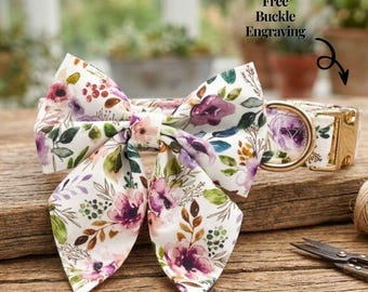 Personalized Floral Dog Collar with Name, Custom Engraved Rose Gold Buckle, Boho Girl Dog Collar and Bow Set, Floral Puppy Accessory