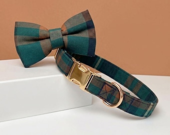 Personalized Scottish Tartan Dog Collar with Bow - Custom Engraved Gold Buckle - Classic Green Plaid Puppy Collar and Leash Set