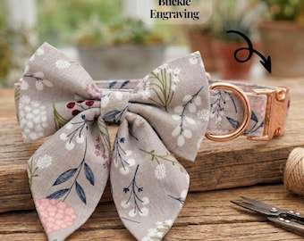 Collar para perro personalizado gris con lazo marinero floral, collar femenino para perro, collar grabado con nombre, conjunto de collar y correa para perro, collar para perro primavera verano