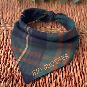 Embroidered Big Brother Plaid Dog Bandana - Custom Green Tartan Pregnancy Announcement Pet Scarf - Rustic Sibling Reveal Photo Prop