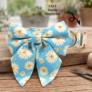 May include: A light blue dog collar featuring a daisy floral design and a matching bow tie. The collar has a gold-coloured buckle. The text "FREE Buckle Engraving" is visible.