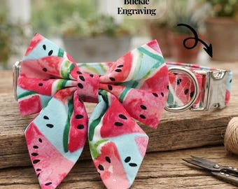 Watermelon Personalized Dog Collar, Custom Sailor Bow Dog Collar, Summer Dog Collar with Name, Girly Dog Collar and Leash, Dog Collar Gift