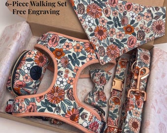 Floral Dog Harness Set, Personalized Collar, Leash, Bow Tie, Poop Bag