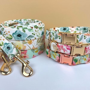 Personalized Floral Dog Collar with Name, Easter Dog Collar, Flower Collar and Leash, Engraved Dog Collar, Dog Collar Girl