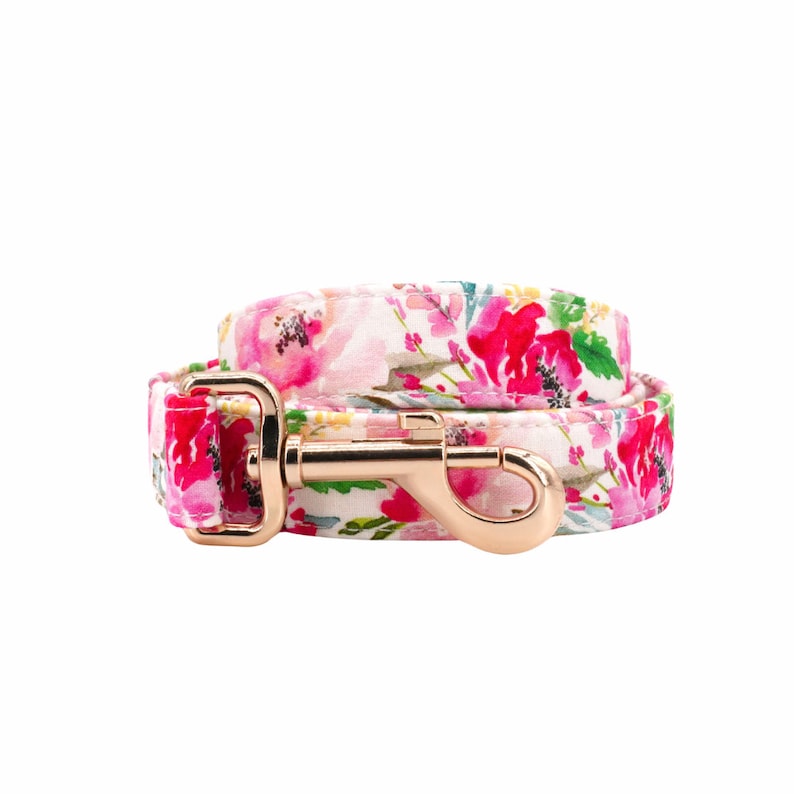 May include: A floral dog leash with a white background and a pattern of pink and red flowers. The leash has a gold-colored metal clasp and hardware. The leash is rolled up.