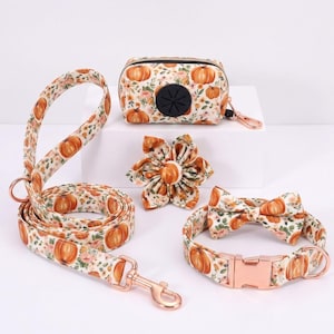 Puede incluir: Un conjunto de accesorios para mascotas que incluye una correa, un collar con pajarita, un adorno floral para el collar y un dispensador de bolsas. Todas las piezas presentan una tela color crema con un patrón de calabazas naranjas y flores.