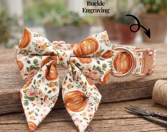 Conjunto de collar para perro con lazo marinero y estampado floral de calabaza otoñal, collar con hebilla de oro rosa grabada a medida, regalo para perrita con estampado de calabaza, lazo floral para mascotas