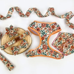 Puede incluir: Un conjunto de arnés, collar y pajarita para perro con estampado floral. El arnés es de color marrón claro con un estampado floral. El collar es de color marrón claro con un estampado floral. La pajarita es de color marrón claro con un estampado floral.