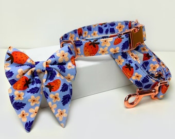 Custom Dog Sailor Bow Collar, Personalized Girly Bow Dog Collar with Name, Dog Collar, Floral Dog Collar, Strawberries Dog Collar and Leash
