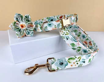 Collier floral personnalisé pour chien, ensemble de laisse de collier de chien, collier de fleur de chien, collier de chien gravé avec nom, collier de chien fille