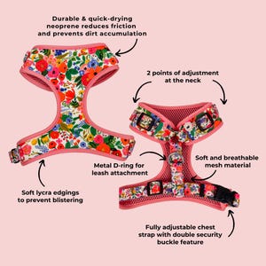 Puede incluir: Arn&eacute;s floral para perros con ribete rosa y respaldo de malla. El arn&eacute;s cuenta con una anilla en D met&aacute;lica para la fijaci&oacute;n de la correa, bordes de lycra suave y una correa de pecho totalmente ajustable con hebilla de seguridad doble.