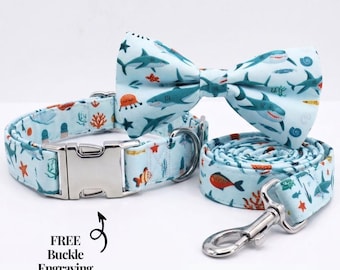 Ensemble collier et laisse pour chien requin personnalisé - collier océan sous-marin pour chiot gravé personnalisé avec noeud - lot cadeau estival de promenade sur la plage