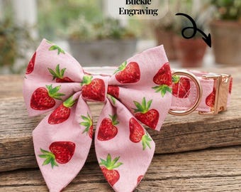 Strawberry Dog Collar and Harness Set - Custom Engraved Pink Fruit Puppy Leash Travel Bundle - Cottagecore Summer Aesthetic Pet Gear