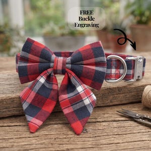 Red Plaid Dog Collar Sailor Bow Set, Custom Engraved Metal Buckle Dog Collar, Christmas Tartan Pet Bow, Holiday Fall Dog Mom Gift