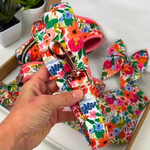 Puede incluir: Un conjunto para perros con un dise&ntilde;o floral. El conjunto incluye una correa, un arn&eacute;s, una pajarita y un pa&ntilde;uelo. El patr&oacute;n presenta flores rosas, naranjas, azules y verdes sobre un fondo blanco. La correa tiene un cierre de oro rosa.