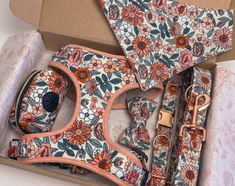 Conjunto de arnés floral para perro, conjunto de collar y correa personalizados para perro, collar con hebilla grabada a medida, arnés floral para perro, juego de soporte para bolsas de excrementos