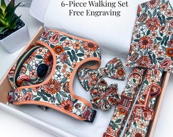 Floral Dog Harness Set, Custom Collar, Leash, Bow Tie, Poop Bag