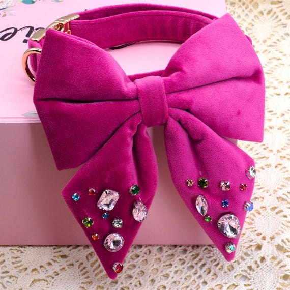 Pink Personalized Valentine Velvet Dog Collar & Leash Set, Girl Dog Bow Collar, Luxury Sailor Bow, Handmade Puppy Gift
