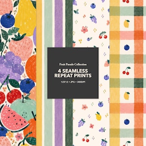 Fruit Parade Seamless Pattern Bundle | Citrus & Berry, Gingham, and Stripe Repeat Prints (Digital Download)