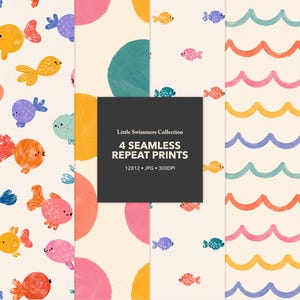 Könnte beinhalten: Eine digitale Sammlung von vier nahtlosen Mustern mit handgemalten Illustrationen von bunten Fischen, großen Punkten und wellenförmigen Linien. Ein zentrales schwarzes Quadrat zeigt den Text Little Swimmers Collection 4 SEAMLESS REPEAT PRINTS 12x12 JPG 300DPI.