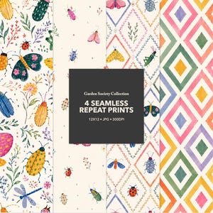 May include: Four seamless repeat prints from the Garden Society Collection, featuring watercolor illustrations of insects, butterflies, and ladybugs on cream backgrounds, alongside a geometric diamond pattern in pink, green, and yellow.