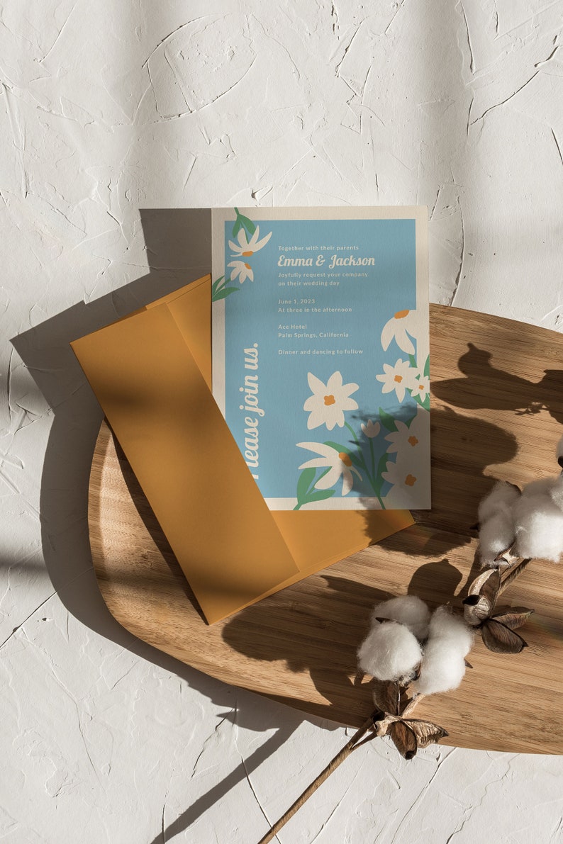Las Flores Invite Single-Side Editable Wedding Invitation Template Modern Minimalistic Daisy Floral imagem 2