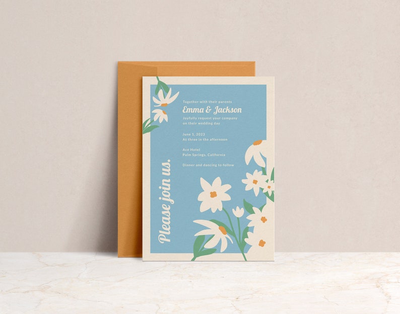 Las Flores Invite Single-Side Editable Wedding Invitation Template Modern Minimalistic Daisy Floral imagem 1