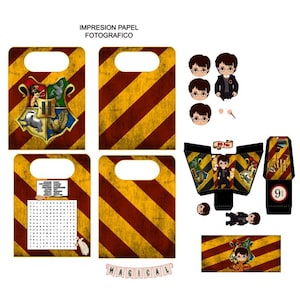 May include: Printable party favor bags featuring a Harry Potter theme. The bags have a yellow and red striped pattern with the Hogwarts crest and the words "Magical". There are also printable images of Harry Potter characters and a Hogwarts Express ticket.