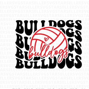 May include: Black and white graphic design with the text "Bulldogs" in red. The graphic features a volleyball with a small red heart in the center.
