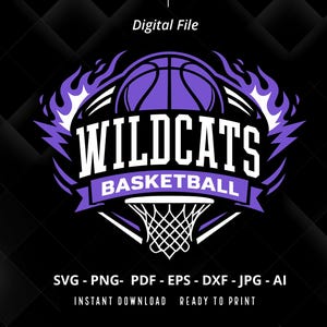 Pode incluir: Design digital para basquete com uma bola roxa, chamas e o texto "WILDCATS BASKETBALL". O design inclui uma rede de basquete em um fundo geométrico preto. Formatos de arquivo indicados.