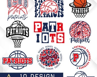 May include: Ten digital designs featuring the word "Patriots" in various styles. The designs include a basketball, a basketball hoop, and a cheerleading pom-pom. The designs are in red, white, and blue.
