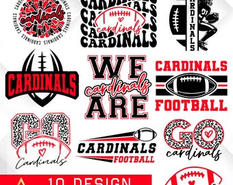 May include: Ten digital designs featuring the word "Cardinals" in various styles. Some designs include footballs, hearts, and leopard print patterns. The designs are in red and black.
