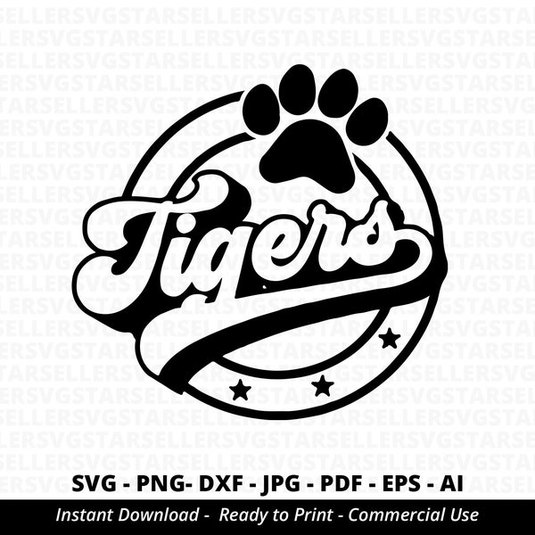 Retro Tigers SVG, Mascot Paw, Cheer Design (Digital Files)