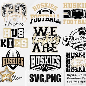 Huskies SVG PNG Bundle - 9 Husky Football Designs for Cricut, Sublimation, Game Day Mascot Clipart Instant Digital Download