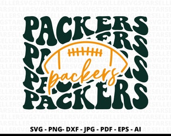 May include: Green and gold graphic design with the word "PACKERS" repeated in a stylized font. A football is in the center of the design with the word "packers" inside the football.