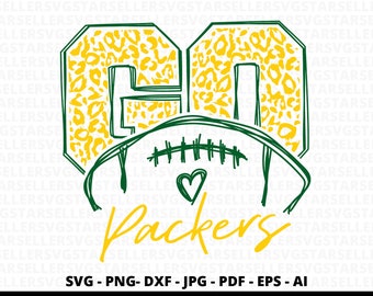 May include: Green and yellow graphic design featuring the number 60 with a leopard print pattern. A football with a heart is below the number and the word "Packers" is written below the football. The text "SVG - PNG - DXF - JPG - PDF - EPS - AI" is below the graphic. The text "Instant Download - Ready to Print - Commercial Use" is below the previous text.
