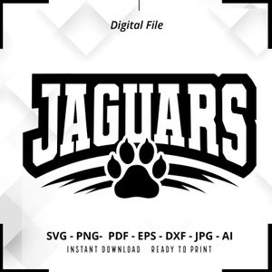 Op de afbeelding: Zwart-wit grafisch ontwerp van het woord "JAGUARS" in een vet lettertype met een poot afdruk in het midden. Het woord is gebogen over een zwart-wit gestreept ontwerp.