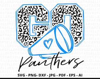 May include: A blue and black graphic design with the number "60" in a leopard print pattern and the word "Panthers" in black script. A blue megaphone with a heart is in front of the number.