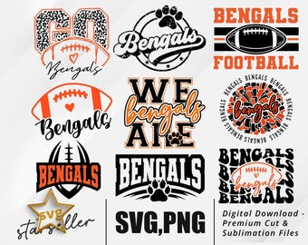 May include: A collection of digital designs featuring the word "Bengals" in various styles. Designs include footballs, paw prints, and the text "We are Bengals". The color scheme is primarily orange, black, and white. Includes "SVG, PNG" text.