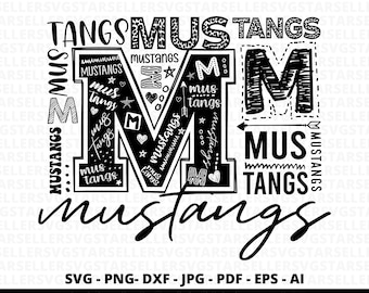 Puede incluir: Diseño gráfico en blanco y negro con la letra "M" y la palabra "mustangs" repetida en varios tamaños y estilos. El diseño incluye las palabras "mus tangs" y "tangs mus" repetidas a lo largo.