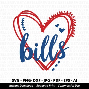 Bills Herz SVG PNG, Fußball Maskottchen SVG für Bills Mom & Cheer Spirit Shirts, Cricut Cut Datei für den Spieltag, Sublimationsdesign