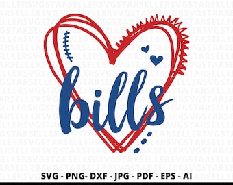 Puede incluir: Un corazón rojo con un diseño de béisbol cosido y la palabra "bills" en letras azules. El corazón está delineado en rojo y tiene un borde irregular.