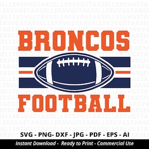 Puede incluir: Un diseño digital con las palabras "BRONCOS FOOTBALL" en texto naranja sobre un fondo a rayas azul y naranja con un balón de fútbol azul en el centro.