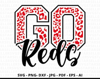 May include: A red and white leopard print graphic with the text "GO Reds" in black. The graphic is in a varsity style with a black outline.