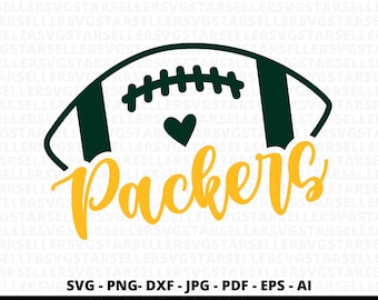 May include: Green and white football with a heart and the word "Packers" in yellow script.