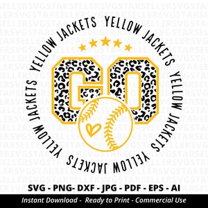 May include: A black and white leopard print graphic with the text "Yellow Jackets" in a yellow circle. The graphic also includes the letters "GO" in a larger yellow circle with a black and white leopard print design. A yellow baseball with a black heart and stitching is in the center of the graphic.