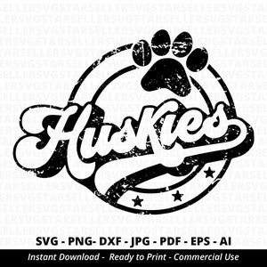 Huskies SVG PNG, Huskies Paw svg, Huskies Mascot svg, Huskies Cheer svg, Retro Huskies svg, Huskies Sport svg, Huskies Shirt svg