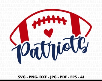 May include: A red, white, and blue football with the word "Patriots" in blue script. A small red heart is above the word "Patriots".