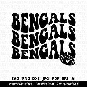 May include: Black and white graphic design featuring the word "Bengals" repeated three times in a layered, overlapping, and stylized font. A black and white football with a heart is below the text.